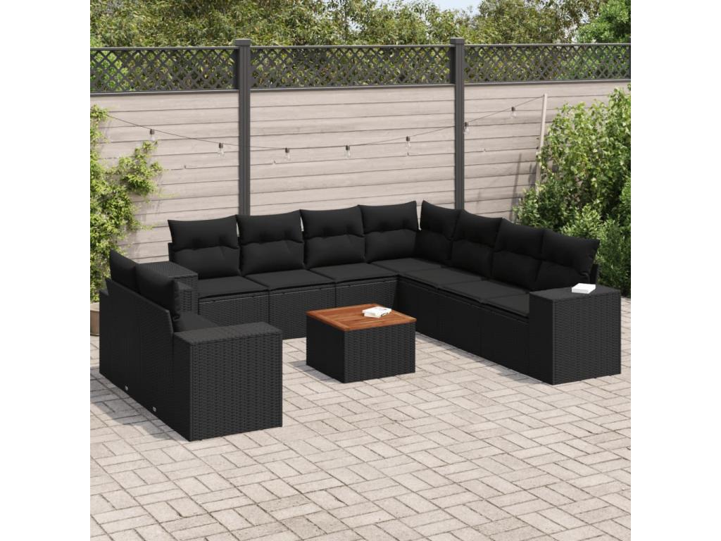 10-piece garden furniture set with cushions, black woven resin IRXT66103