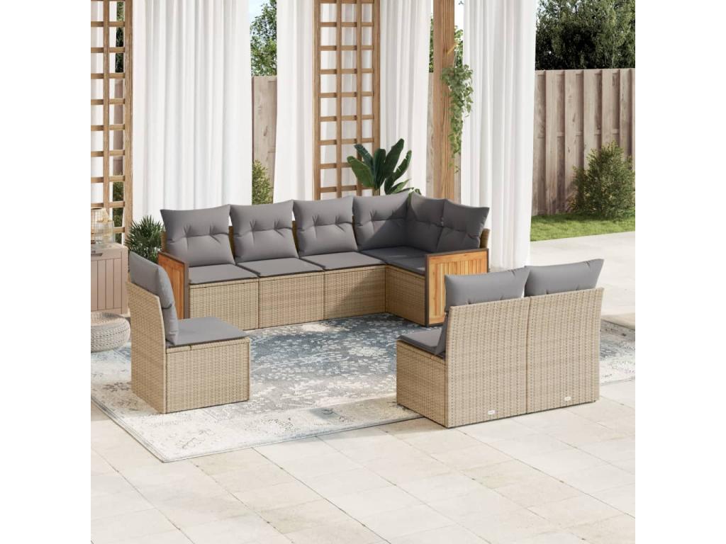 8-piece garden furniture set with cushions, beige woven resin QAHK69933