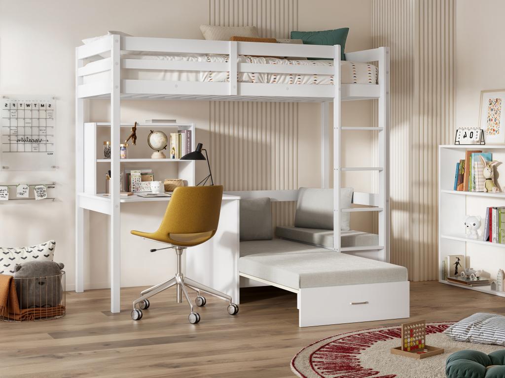 90x200 cm loft bed with desk, convertible sofa, and storage - Solid pine - Whitewashed - Mattress - Dekonao III NTTI76721