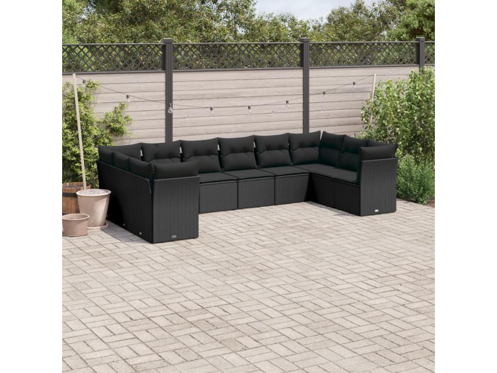 10-piece garden furniture set with cushions, black woven resin, GCOS51533