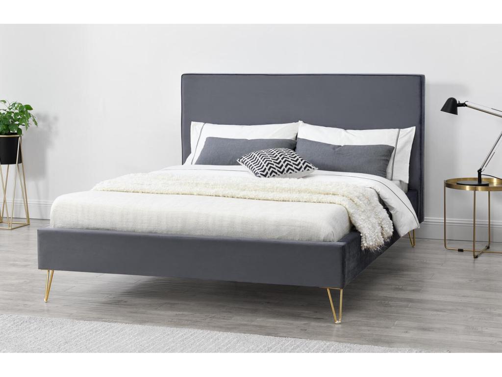 Grey velvet bed frame / brass legs 160x200 cm Nobellea RBJF50423