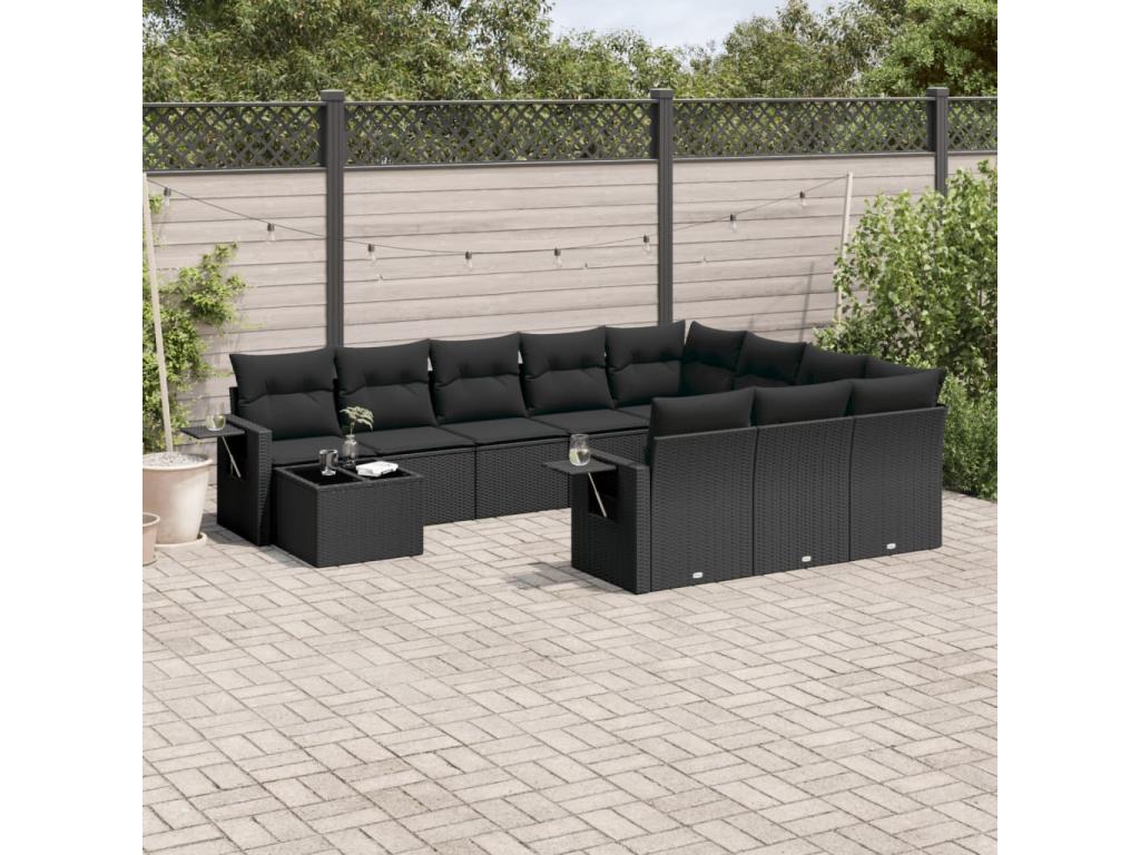 11-piece garden furniture set with cushions, black woven resin JJAI77877