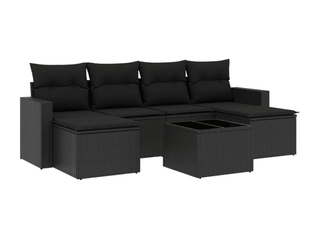 7-piece garden furniture set with cushions, black woven resin YNOI09580