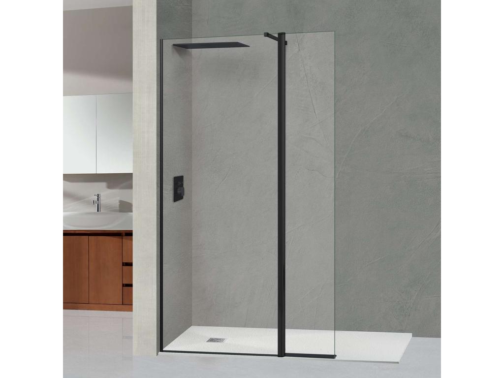 Fixed shower screen with left-hand deflector in 6mm thick clear safety glass with anti-limescale coating, W 93 x H 125 x H 195 cm, matte black, Dekonao Alsace Sport XXIX69784