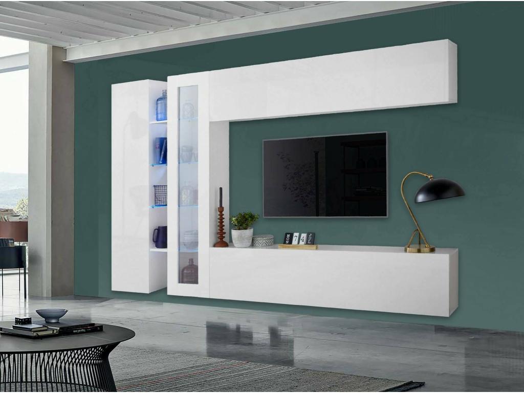 Nobellea wall-mounted TV unit with 4 doors, versatile living room furniture, Made in Italy, 280x30x180 cm, glossy white, QJYC49095