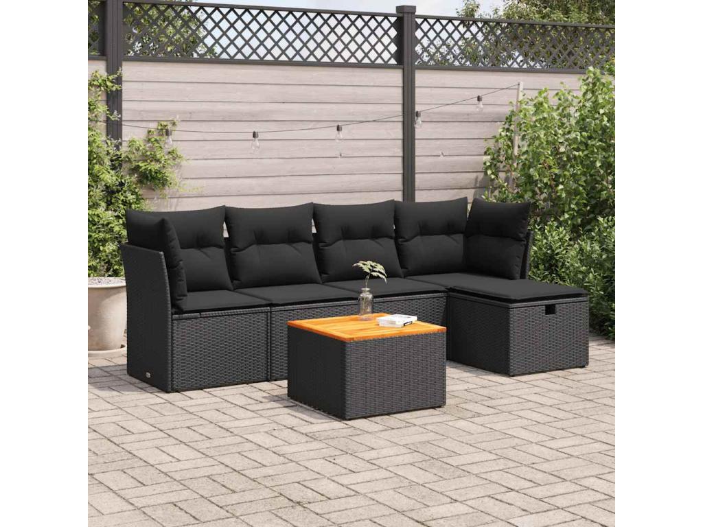 6-piece garden furniture set with cushions, black woven resin FTAF24388