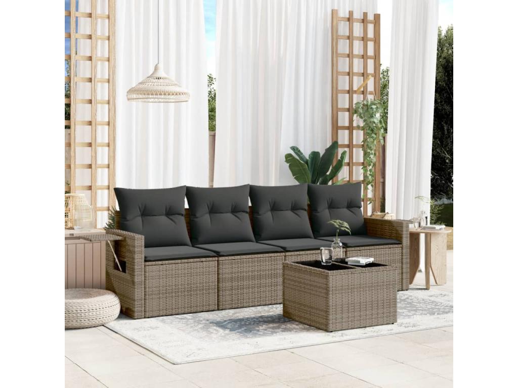 5-piece garden furniture set with grey resin wicker cushions JGRN94457