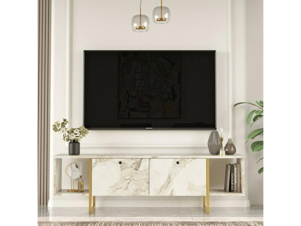 Nobellea TV Stand, Living Room Sideboard, Low TV Cabinet, Wall-Mounted Storage Base, 160x40x48 cm, White and Gold, DUYM66155