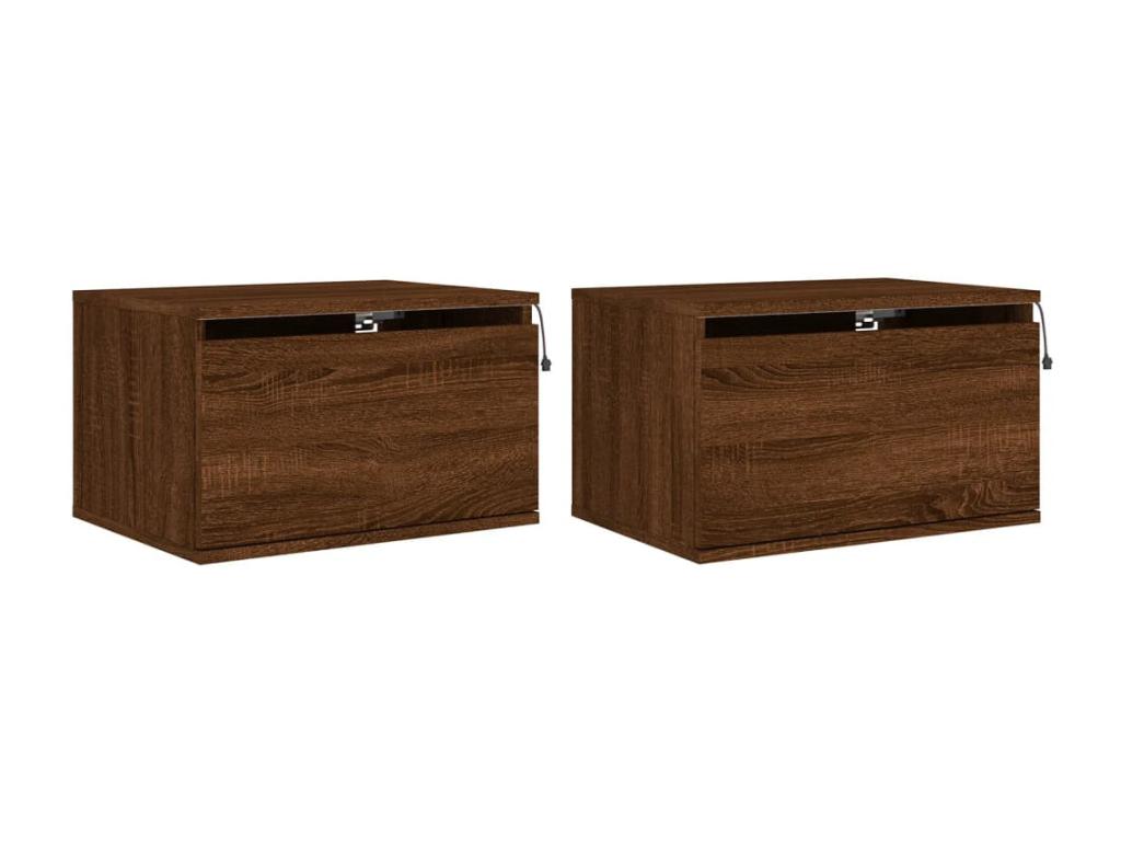 Wall-mounted bedside tables with LED lighting, 2 pcs, brown oak, VOVR83788