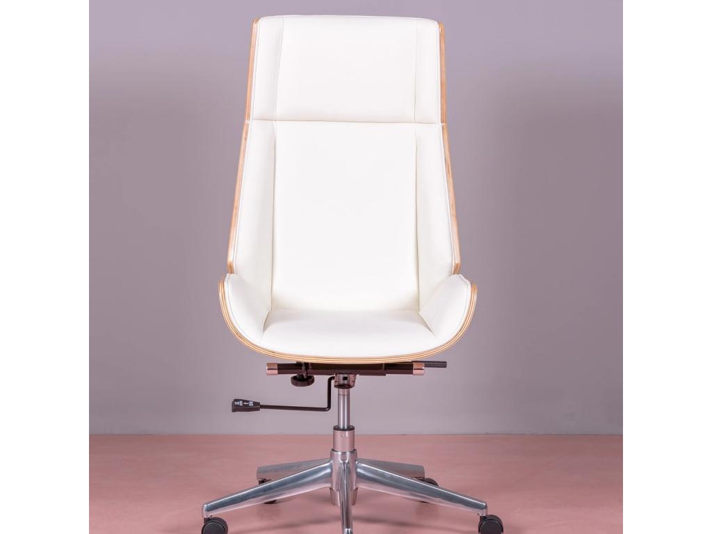 Office chair with high back in maple wood and faux leather upholstery - Nobellea S - White PFHR78853