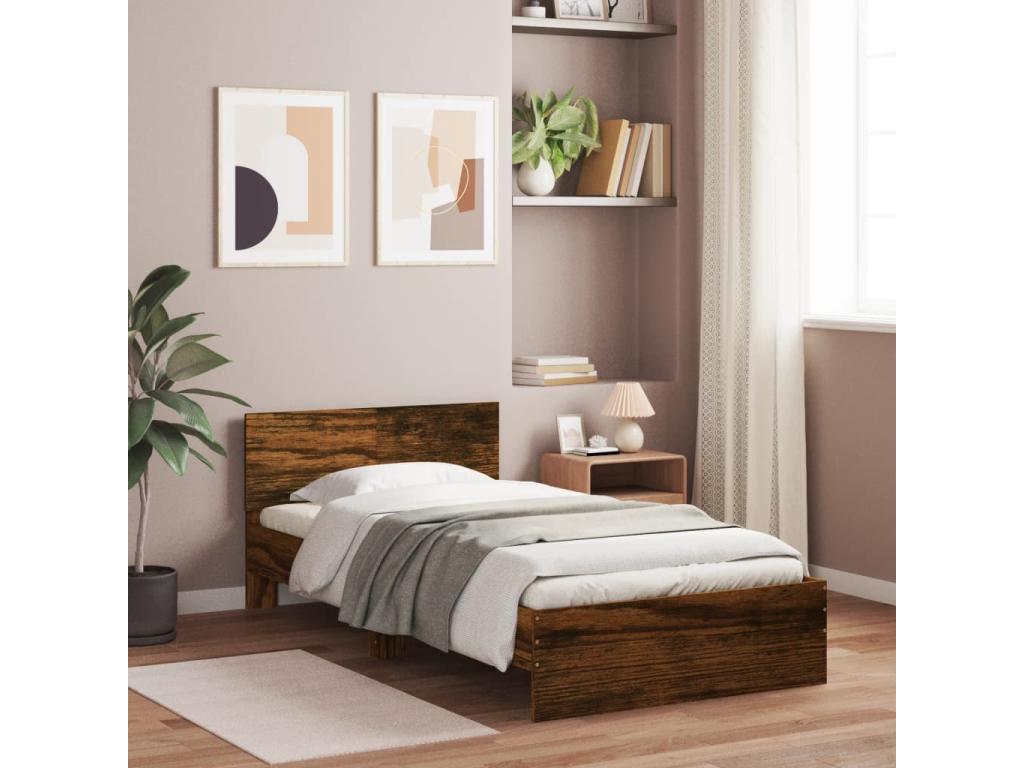 Bed frame with headboard in smoked oak, 100x200 cm, TBCJ99114