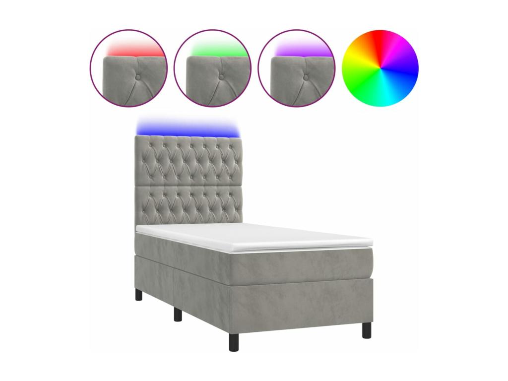 Upholstered bed base and mattress with LED lighting, light grey, 90x200cm, velvet, UYAW61130
