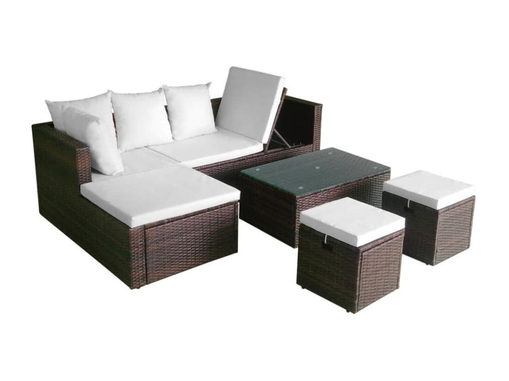 4-piece garden furniture set with cushions, brown woven resin, FKJZ16598