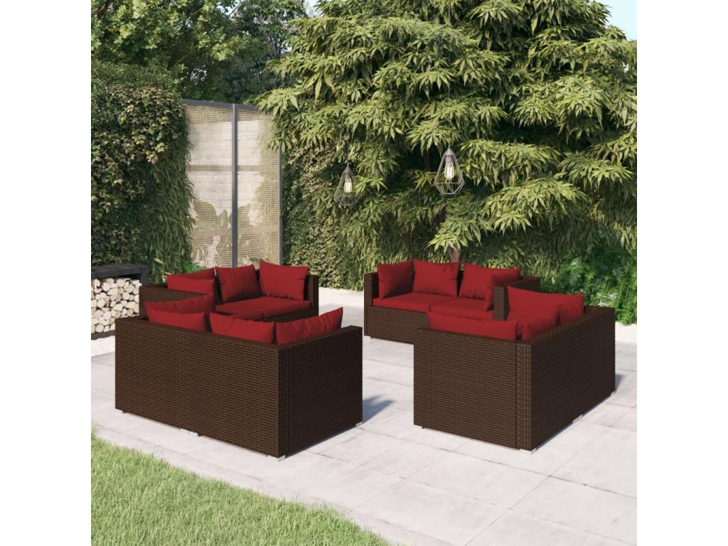 8-piece garden furniture set with cushions, brown wicker resin QQID20573