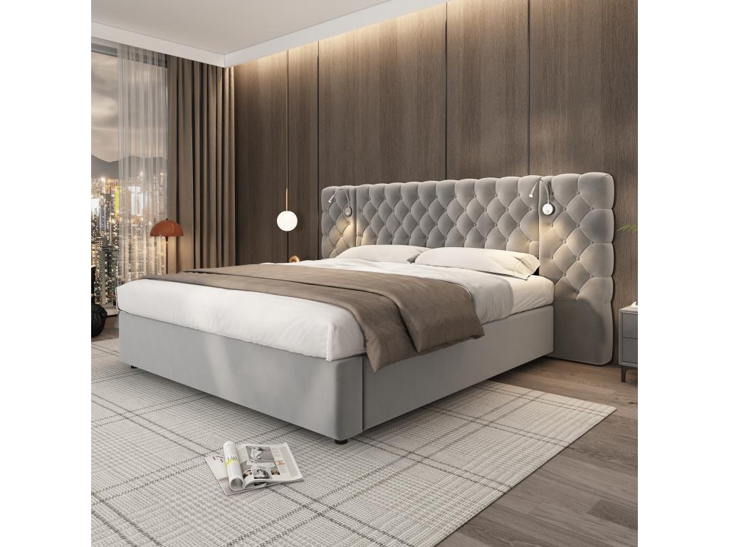 160x200 cm storage bed with large headboard and night light - Velvet - Grey - Mattress not included UHMF48948
