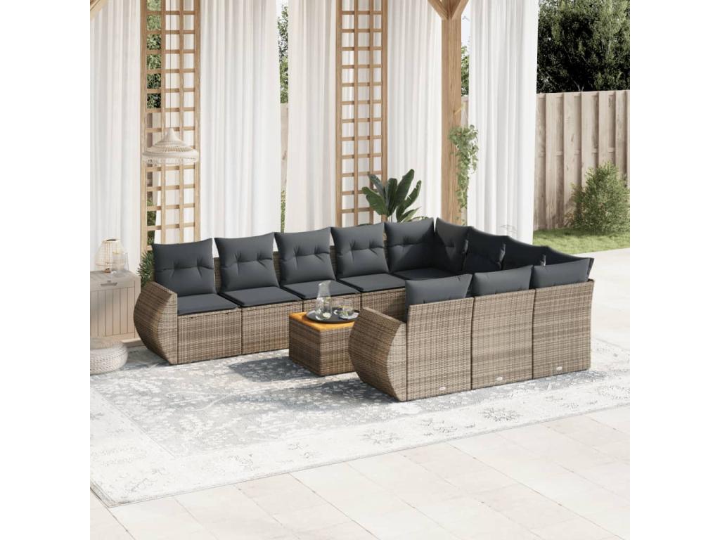 11-piece garden furniture set with grey resin wicker cushions KQPC55423