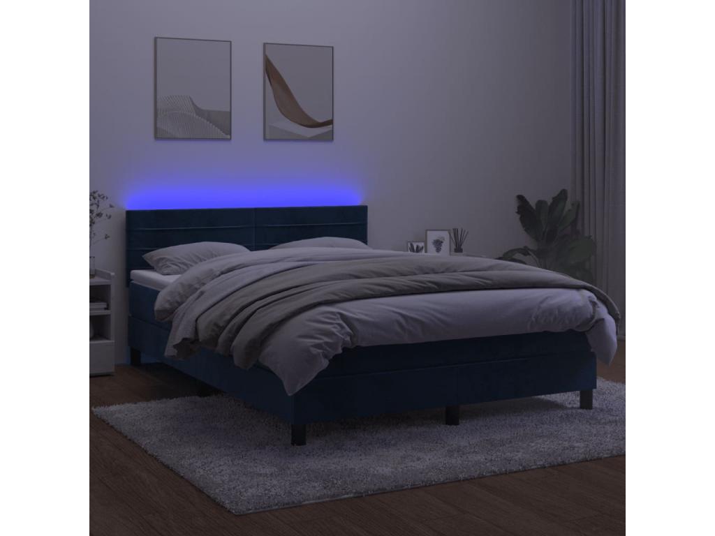 Upholstered bed base with mattress and LED light, dark blue, 140x200 cm, velvet, YUBF49471