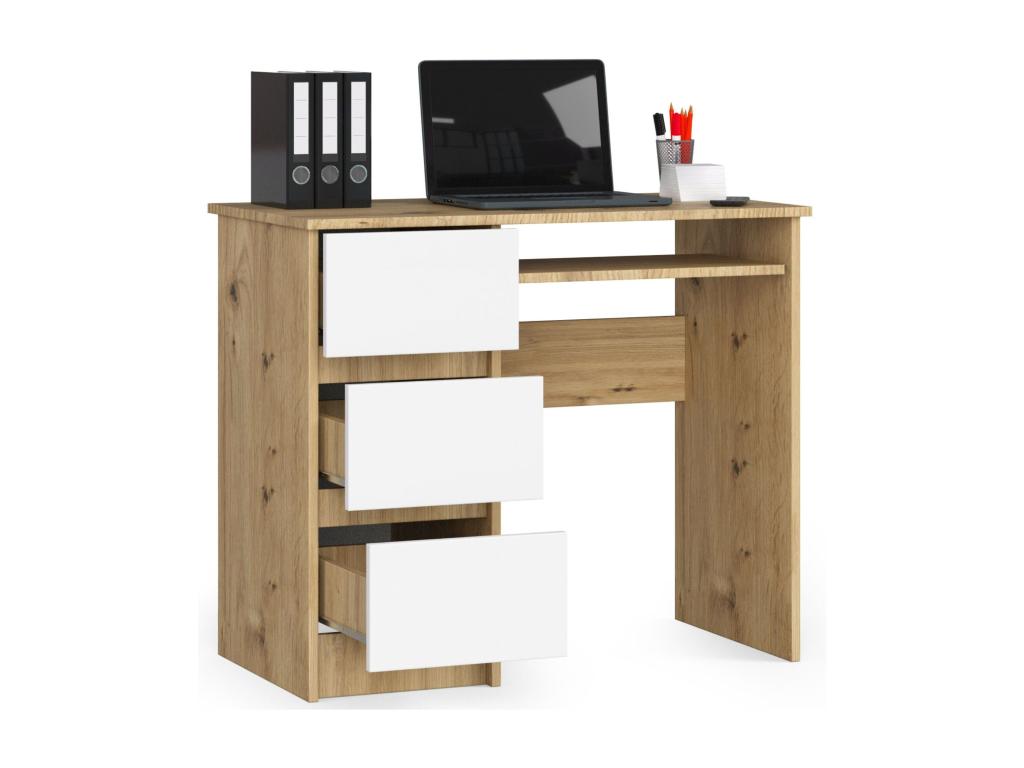 Nobellea left-hand desk, brown MDF wood, 3 drawers, white front, 1 shelf, 90x50x77 cm, RJRP10788