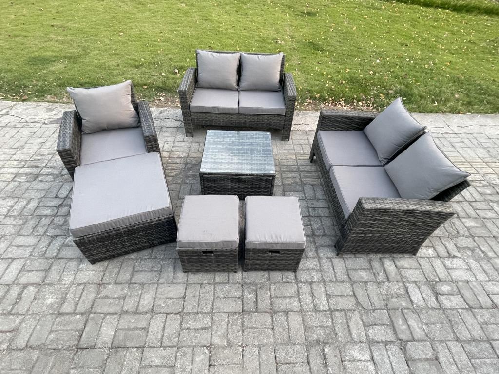 8-Seater Rattan Garden Furniture Set with Coffee Table, Chair, and 3 Stools, Dark Grey GLGN96195
