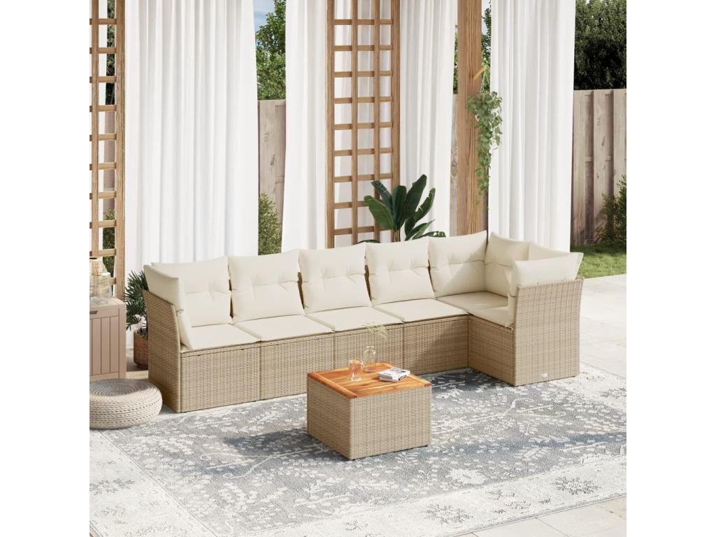 7-piece garden furniture set with cushions, beige woven resin ZFOW10916
