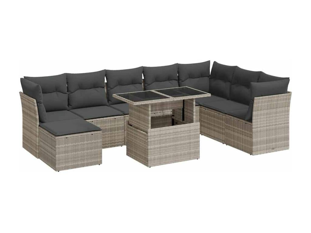 9-piece garden furniture set with light grey cushions, woven resin DPCQ69204