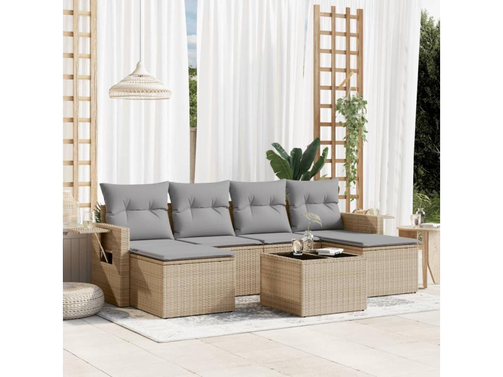 7-piece garden furniture set with cushions, beige wicker resin KIGH63991