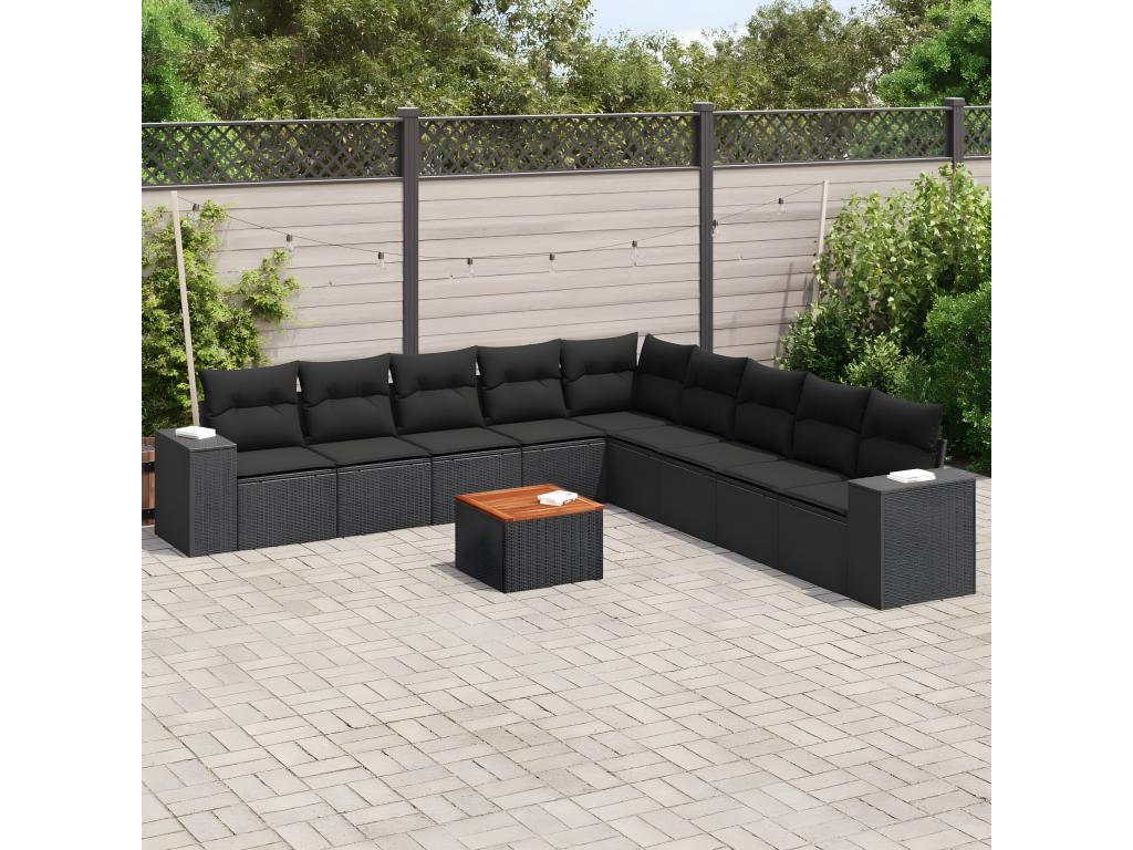 10-piece garden furniture set with cushions, black woven resin OGMQ52825
