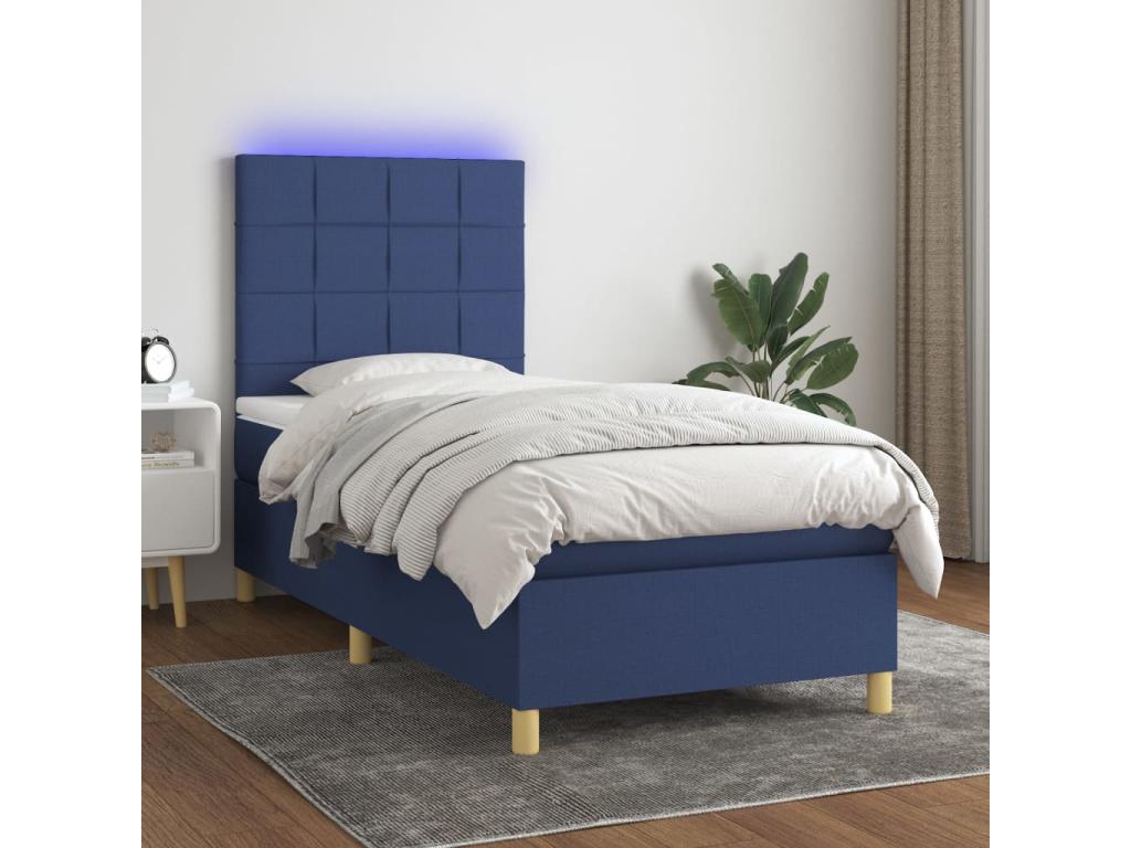 Upholstered bed base with mattress and blue LED lighting, 90x190 cm, fabric XFVT92014