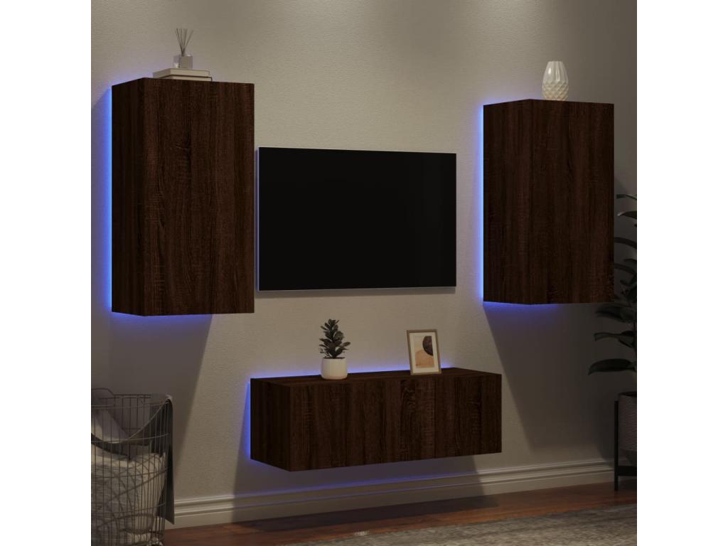 TV wall units with LED, 4 pcs, brown oak engineered wood, NHLO45031