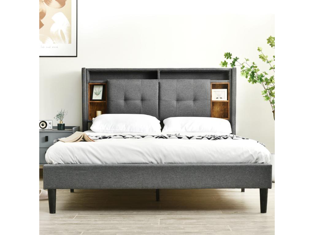 Upholstered double bed with headboard, USB charging, and LED lighting. Nobellea wooden bed frame, 140x200 cm, grey, without mattress. RGFW67308