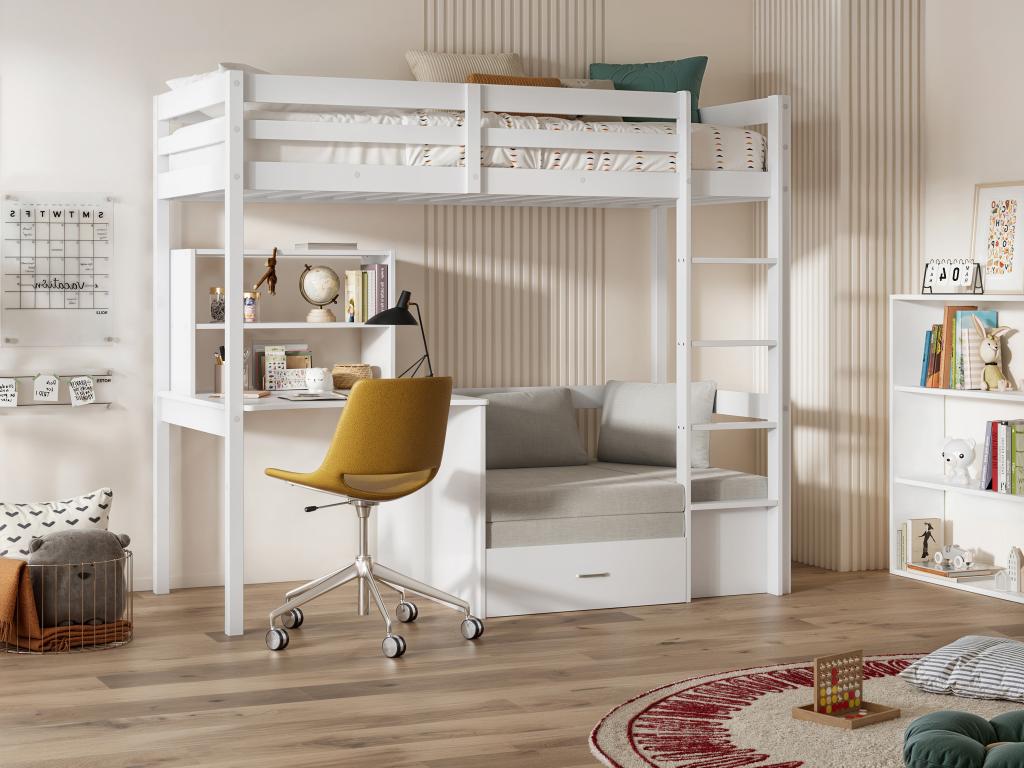 90x200 cm loft bed with desk, convertible sofa, and storage - Solid pine - Whitewashed - Mattress - Dekonao III NTTI76721