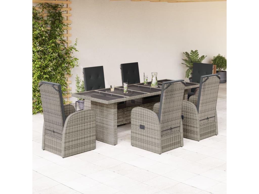 7-piece garden dining set and cushions, grey rattan ZENS08645