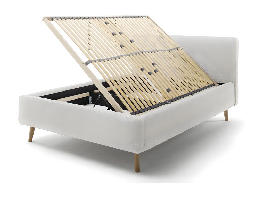 Adult upholstered bed 140x200cm with beige fabric headboard, slatted base and storage CONX13958