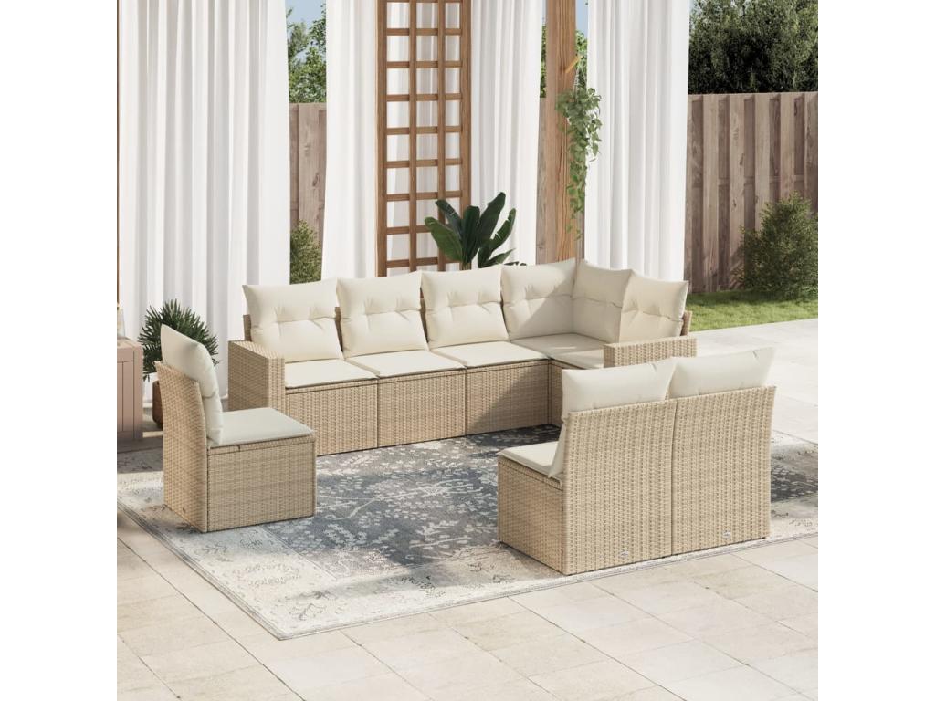 8-piece garden furniture set with cushions, beige woven resin SKFW03256