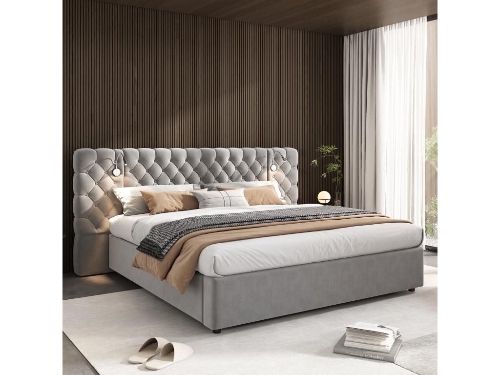 160x200 cm storage bed with large headboard and night light - Velvet - Grey - Mattress not included UHMF48948