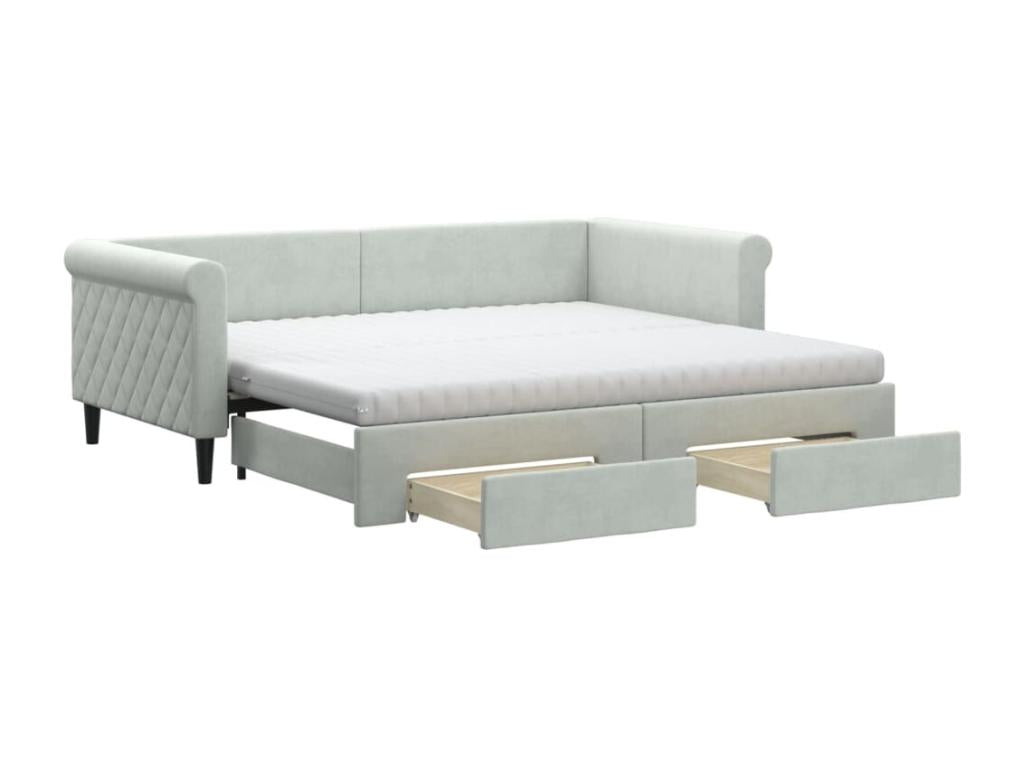 Daybed with pull-out bed and drawers, light grey, 90x190cm, velvet, HMYS09142