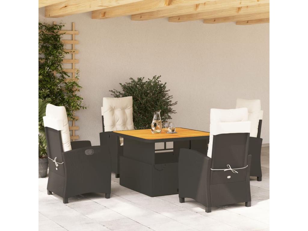 5-piece garden dining set with cushions, black woven resin HCQM95295