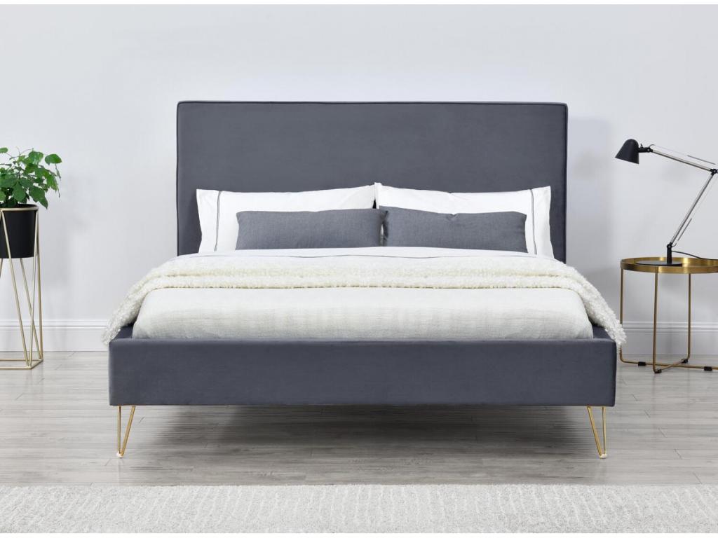 Grey velvet bed frame / brass legs 160x200 cm Nobellea RBJF50423