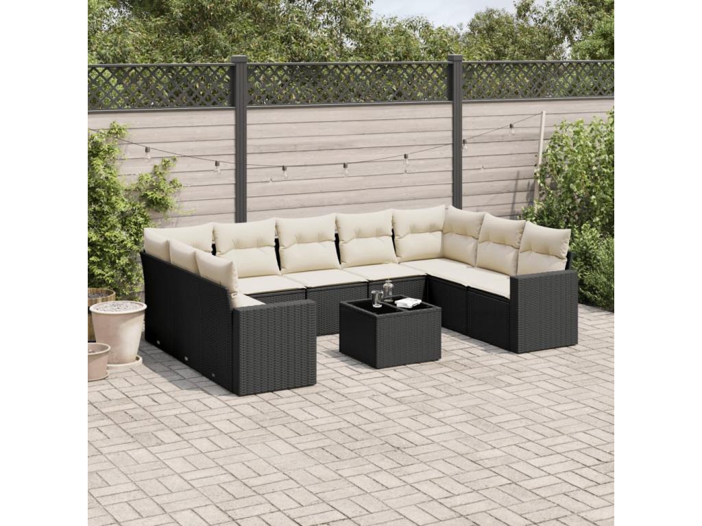10-piece garden furniture set with cushions, black woven resin AYWO84345