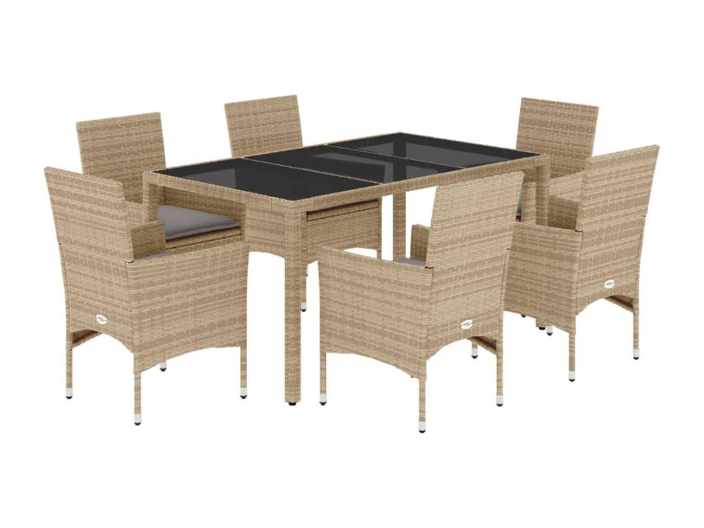 7-piece beige rattan and glass garden dining set and cushions UWFT67917