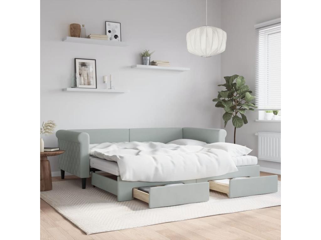 Daybed with pull-out bed and drawers, light grey, 90x190cm, velvet, HMYS09142