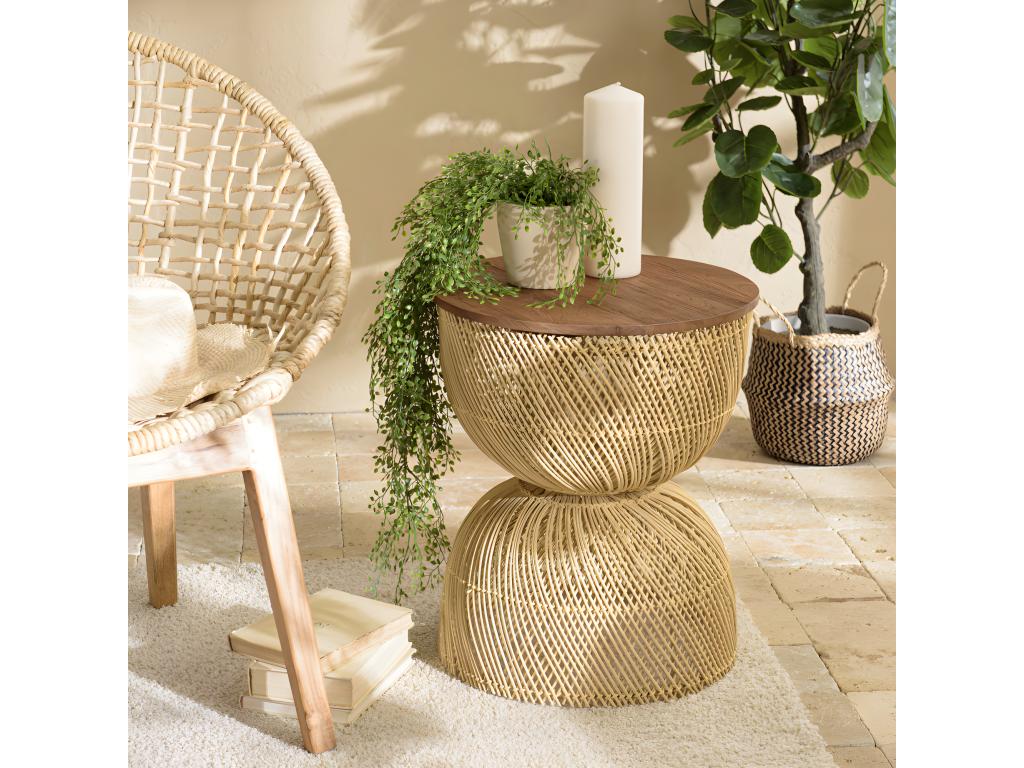 Dekonao - Beige rattan side table with recycled teak wood top GWCJ52066