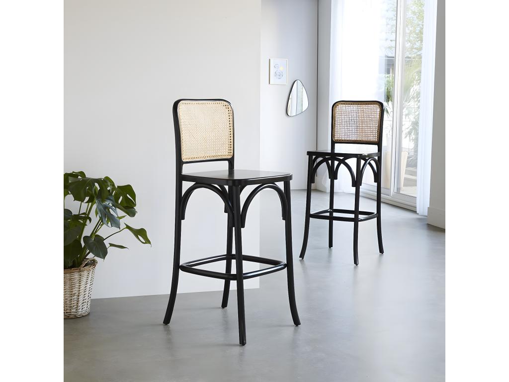 Set of 2 solid mahogany and black cane bar stools TJSN46224
