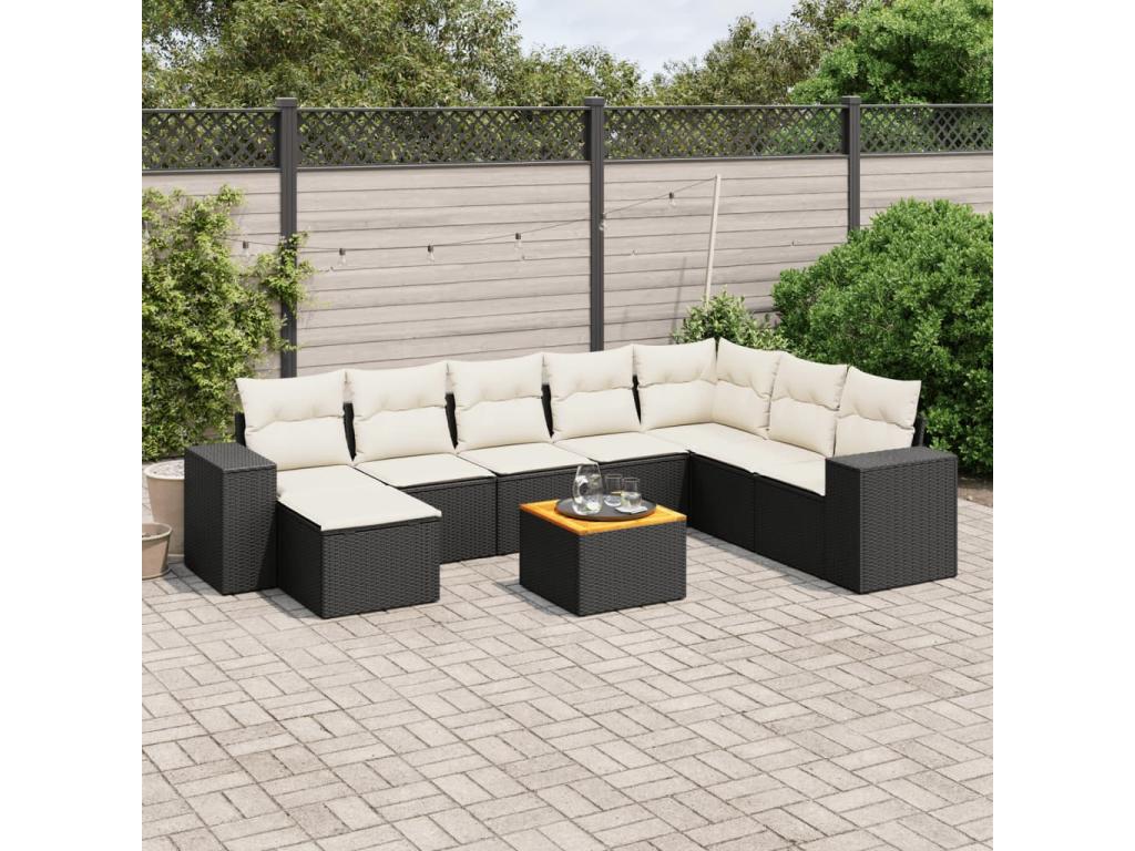 9-piece garden furniture set with cushions, black woven resin EAVJ00486