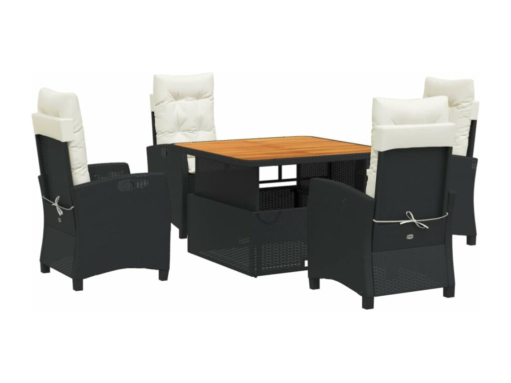 5-piece garden dining set with cushions, black woven resin HCQM95295