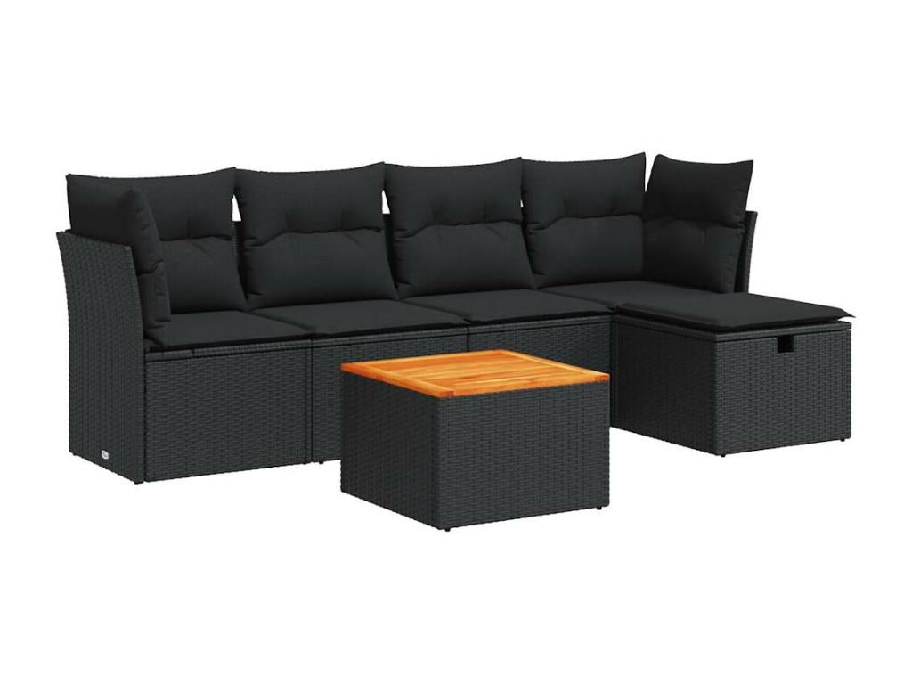 6-piece garden furniture set with cushions, black woven resin FTAF24388