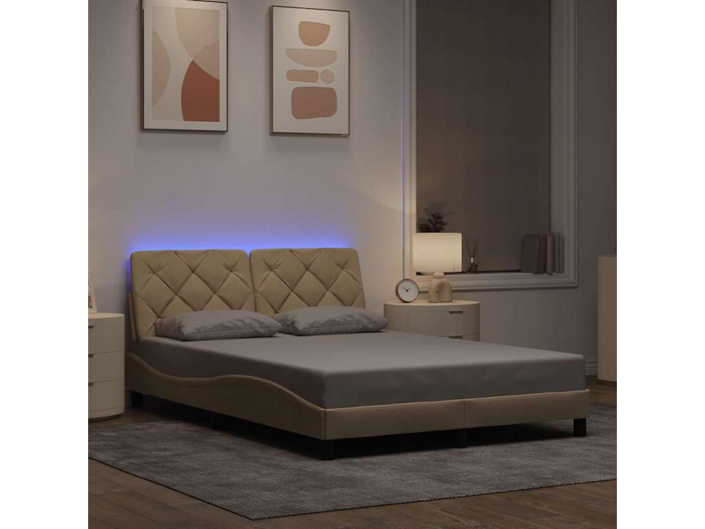 Bed frame with LED lighting, mattress not included, cream color, 140x200 cm, fabric, MJLE15450