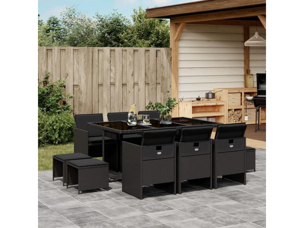 11-piece garden dining set with cushions, black resin wicker DWLE38338