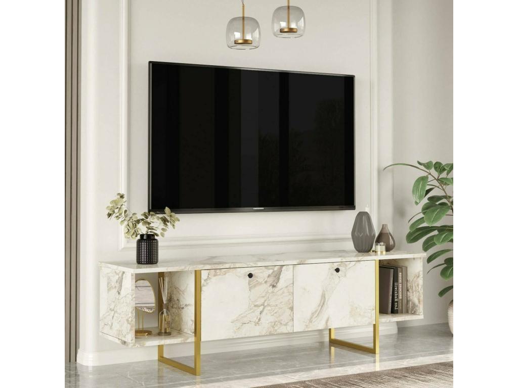 Nobellea TV Stand, Living Room Sideboard, Low TV Cabinet, Wall-Mounted Storage Base, 160x40x48 cm, White and Gold, DUYM66155