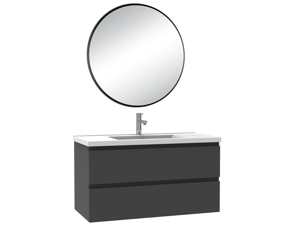 Single sink bathroom vanity unit, 100cm, Anthracite, with round mirror - Dekonao ZMQJ28421